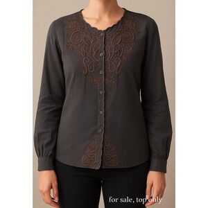 Vintage 90s Boho Embroidered Cutwork Blouse Long Sleeve Button Gray Brown 16W